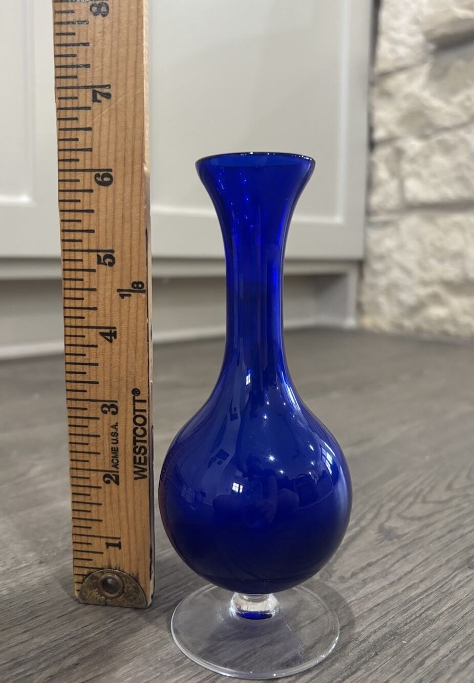 Vintage Cobalt Blue Art Glass Bud Vase Clear Footed Base 6.25” Tall